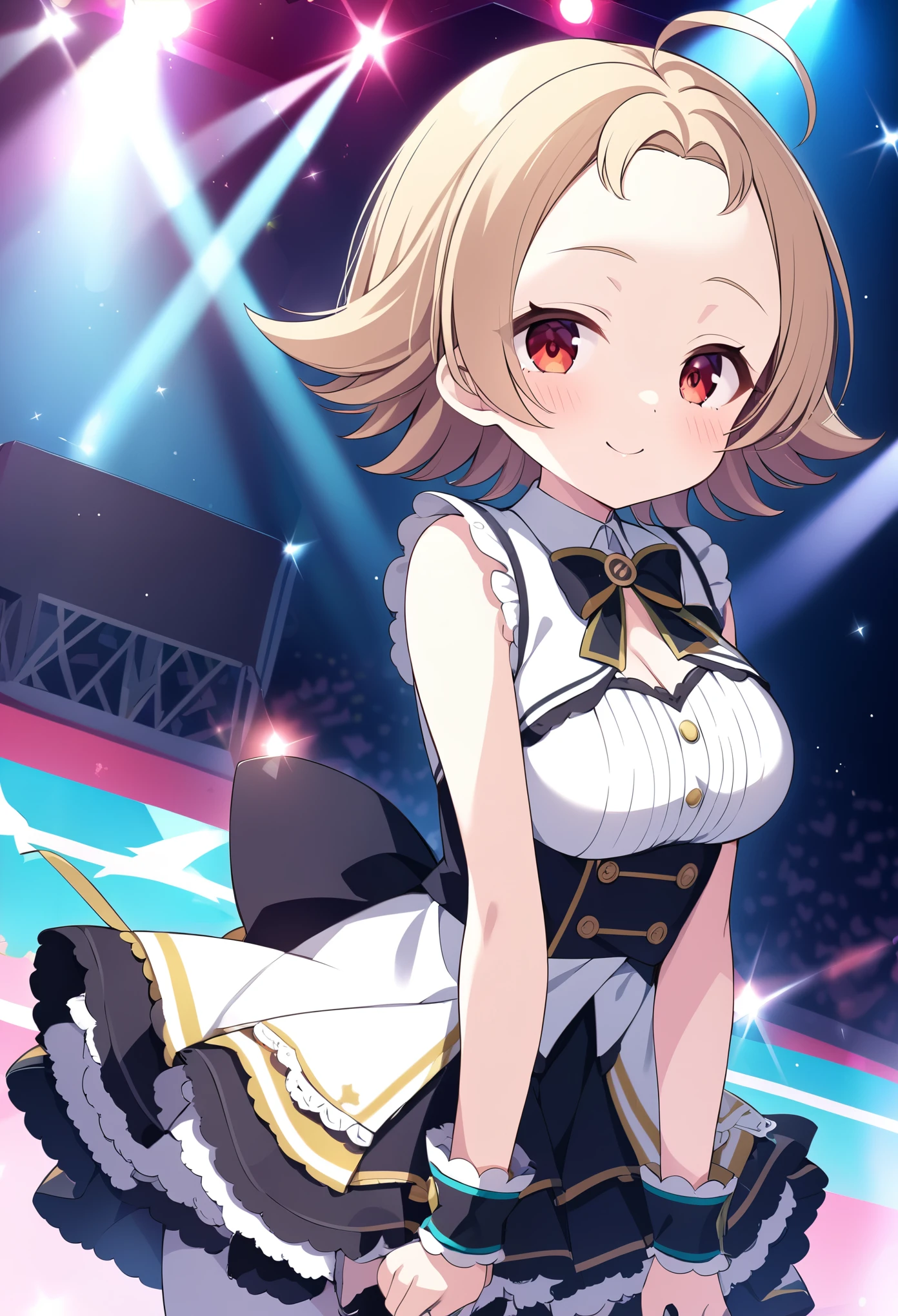 NARUSEMANAMI, BLONDE HAIR, AHOGE, PARTED BANGS, FOREHEAD, FLIPPED HAIR, SHORT HAIR, RED EYES,,, large breasts,, Live Stage, solo,