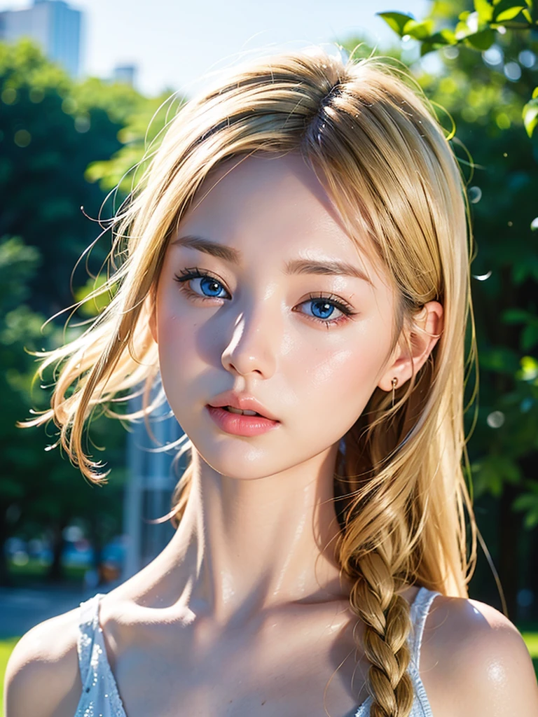 high resolution、Very beautiful woman、（Dasha Taran）、Thoughtful expression、Clear photos、Realistic photos、Blonde Hair、Blue Eyes、Fantastic Background