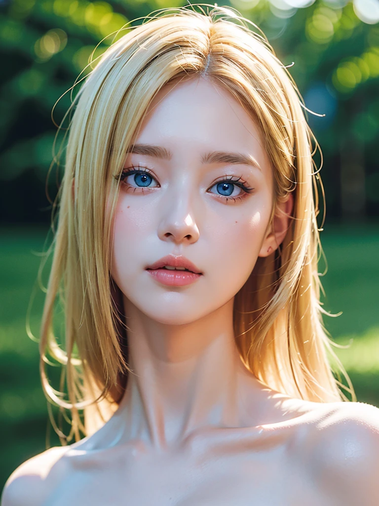 high resolution、Very beautiful woman、（Dasha Taran）、Thoughtful expression、Clear photos、Realistic photos、Blonde Hair、Blue Eyes、Fantastic Background