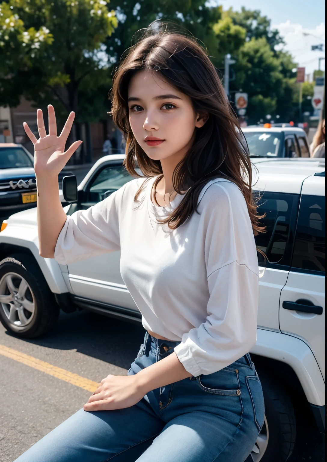a beautiful 18 year old girl, cute and sweet, participating in an election road show with many supporters, standing in an open jeep and waving goodbye, detailed face, photorealistic, cinematic lighting, vivid colors, digital painting