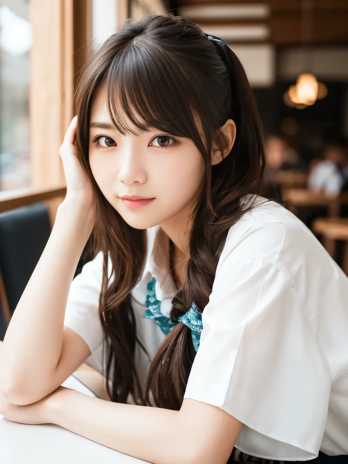 Best quality, Photorealisitic, Finely detail, High resolution, 8K wallpapers, Perfect dynamic composition, (Beautiful detailed eyes), Long hair, Middle hair, ponytail, ((1 woman)), (((Drooping eyes))), Japanese, Cute Japanese, suit,((30yo)),cafe,