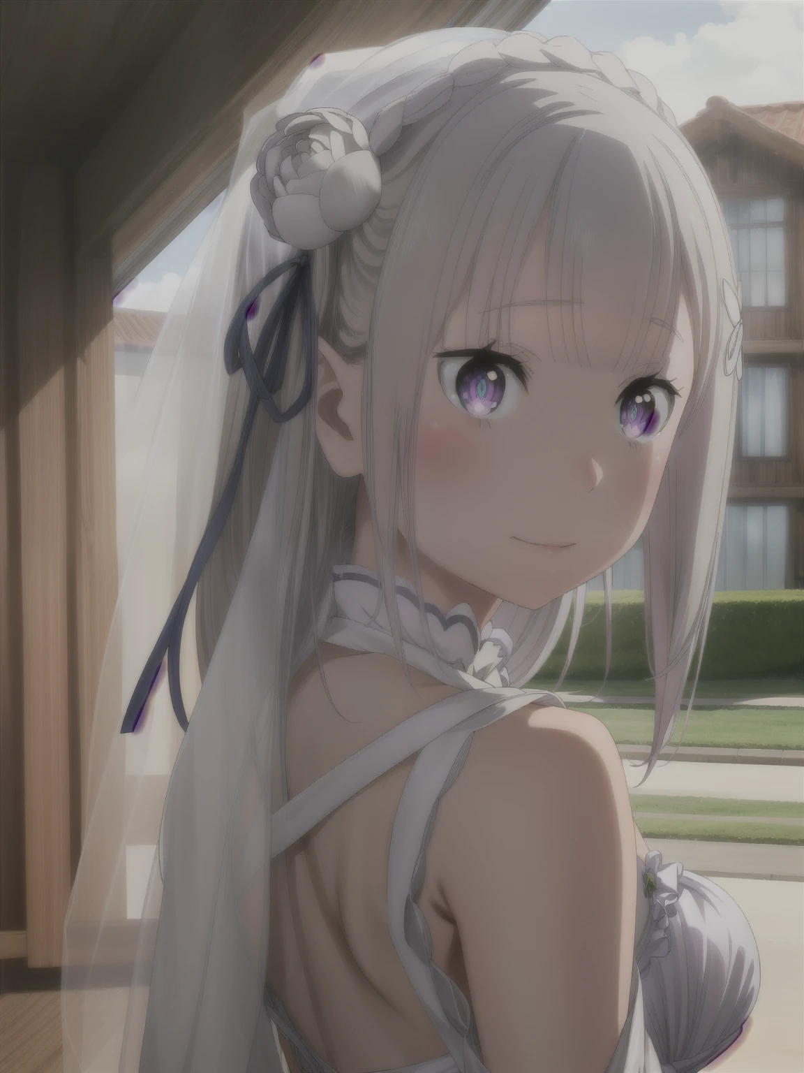 Masterpiece, Committed to ultra-high definition and vivid colors, Super detailed, Attention to detail, highest quality, 8K, 16K, Exquisite detail, A style that combines romanticism and realism, High resolution, Perfect Anatomy, ((Dressed in a wedding dress))emiria, Emilia, Looking back at me, Angle later, Background bokeh, smile
