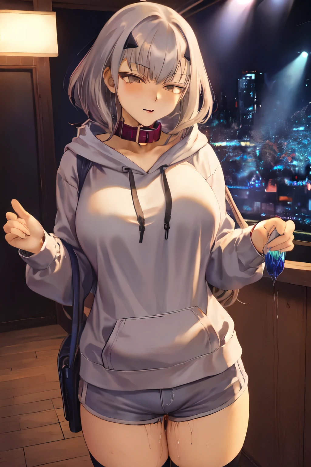 masterpiece, highest quality, 1 person,( Large Breasts,Blue hoodie, Are standing, View Audience,Dolphin Shorts,),Detailed Background、A person who writes in detail、Accurate human body、Knowledgeable person、Five correct answers、Mature Woman,Thighsが太い,cruvy body,Melusine, (Brown eyes:1.5), Long Hair, ((Gray Hair)), Side Lock,Long sleeve、Knee socks、Thighs、白いKnee socks、,((Pussy juice)),((Slave Collar))、pussy juice stain