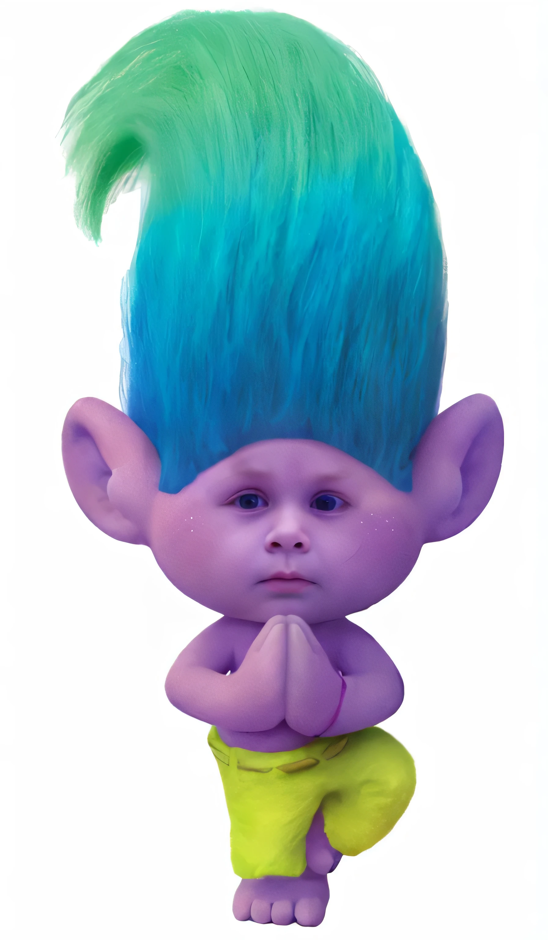 troll with blue hair and green pants, cute little troll, trolls, toonix character, pixie, turnip hair, troll, smurf, gnome, elfpunk, pixie character, pouty look :: octane render, purple head, hear no evil, renderman, half image, movie character, dreamworks animated bjork, she has purple hair