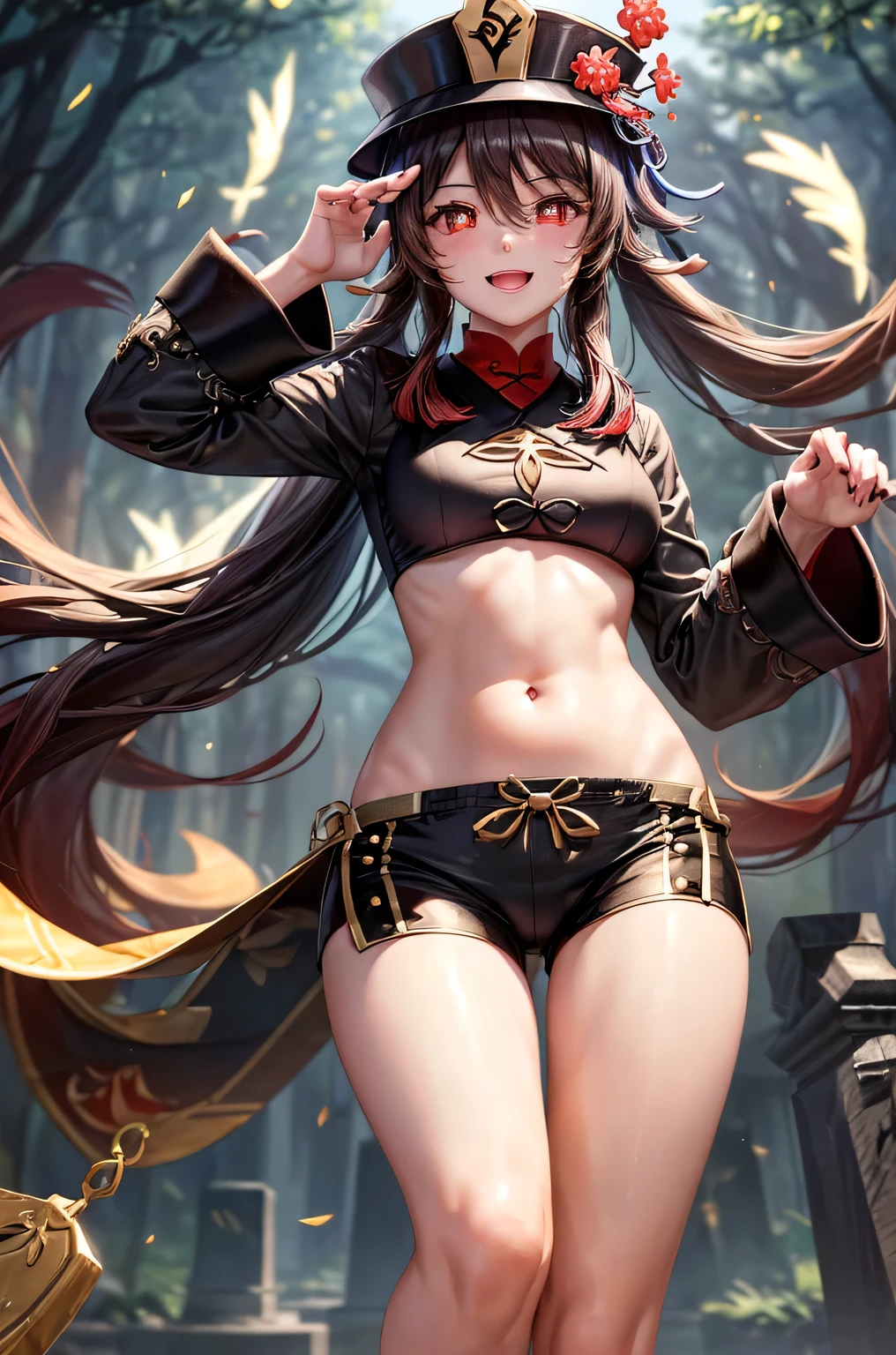 ((hutaodef)):1.5,((masterpiece,highest quality,Highly detailed images,Beautiful images、Realistic、Photorealistic、2.5D))((hutao images,A graveyard in a dark forest、Many gravestones、Fun pose、Bright natural light throughout、Backlight、A fantastic atmosphere、Dust flutters)),(Close-up image of hutao)、((small breasts))(smile)(Separate the top and bottom of your clothes、Exposing your belly、underboob、hot pants)Deformed human soul