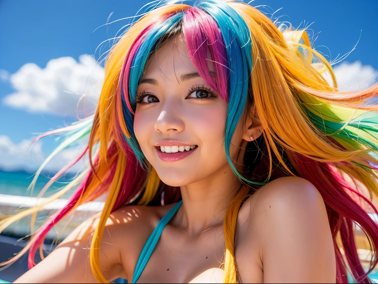 a cheerful and energetic Japanese gyaru,tanned skin,colorful hair,anime style, detailed, vibrant colors, trending on tiktok,naked body