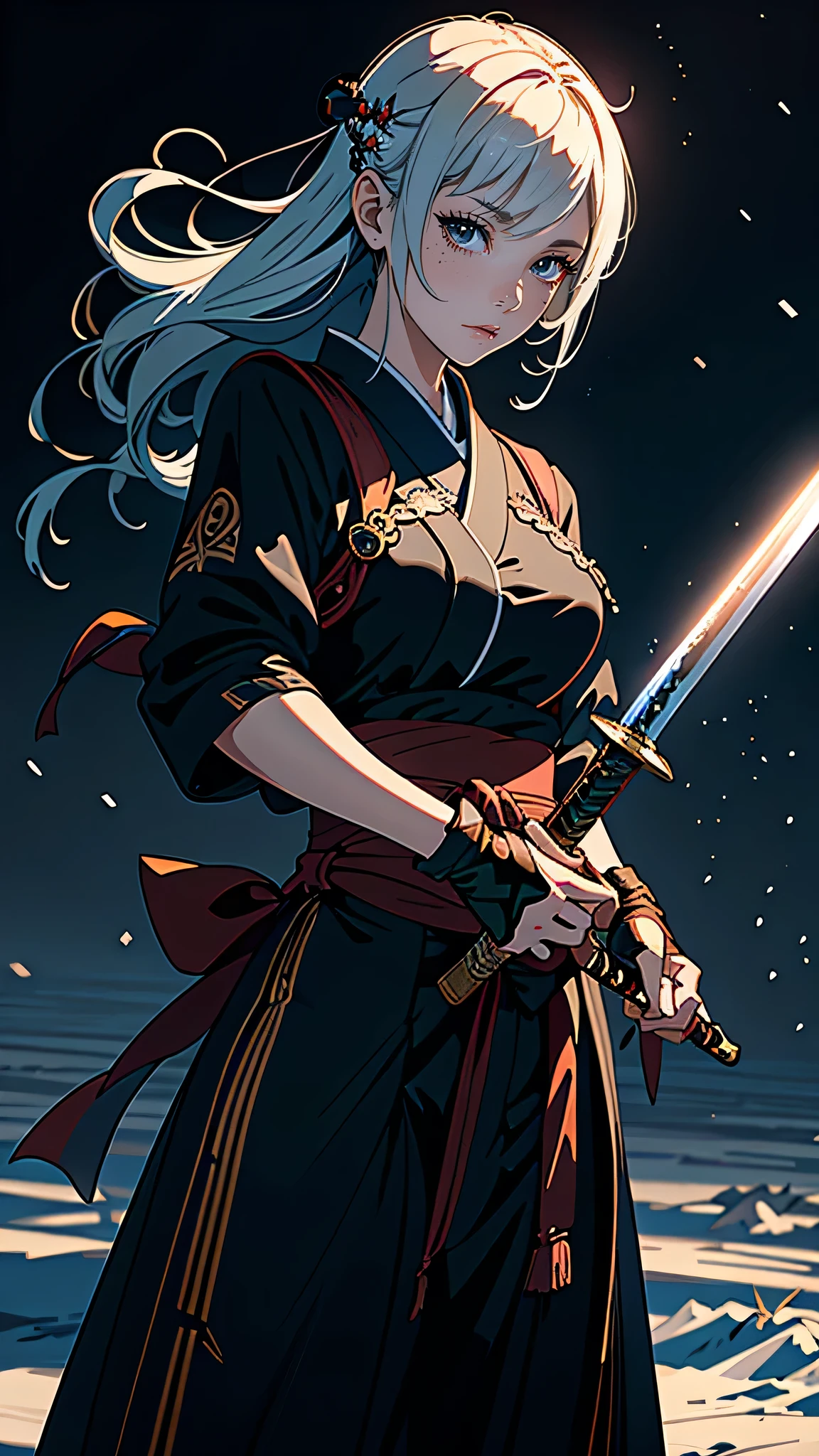 masterpiece, highest quality, (Highly detailed CG Unity 8k wallpaper), (highest quality), (Best illustrations), (Best Shadow),Female Swordsman, 28 years old, Japanese sword, stance,moonlight, snow, chaos,