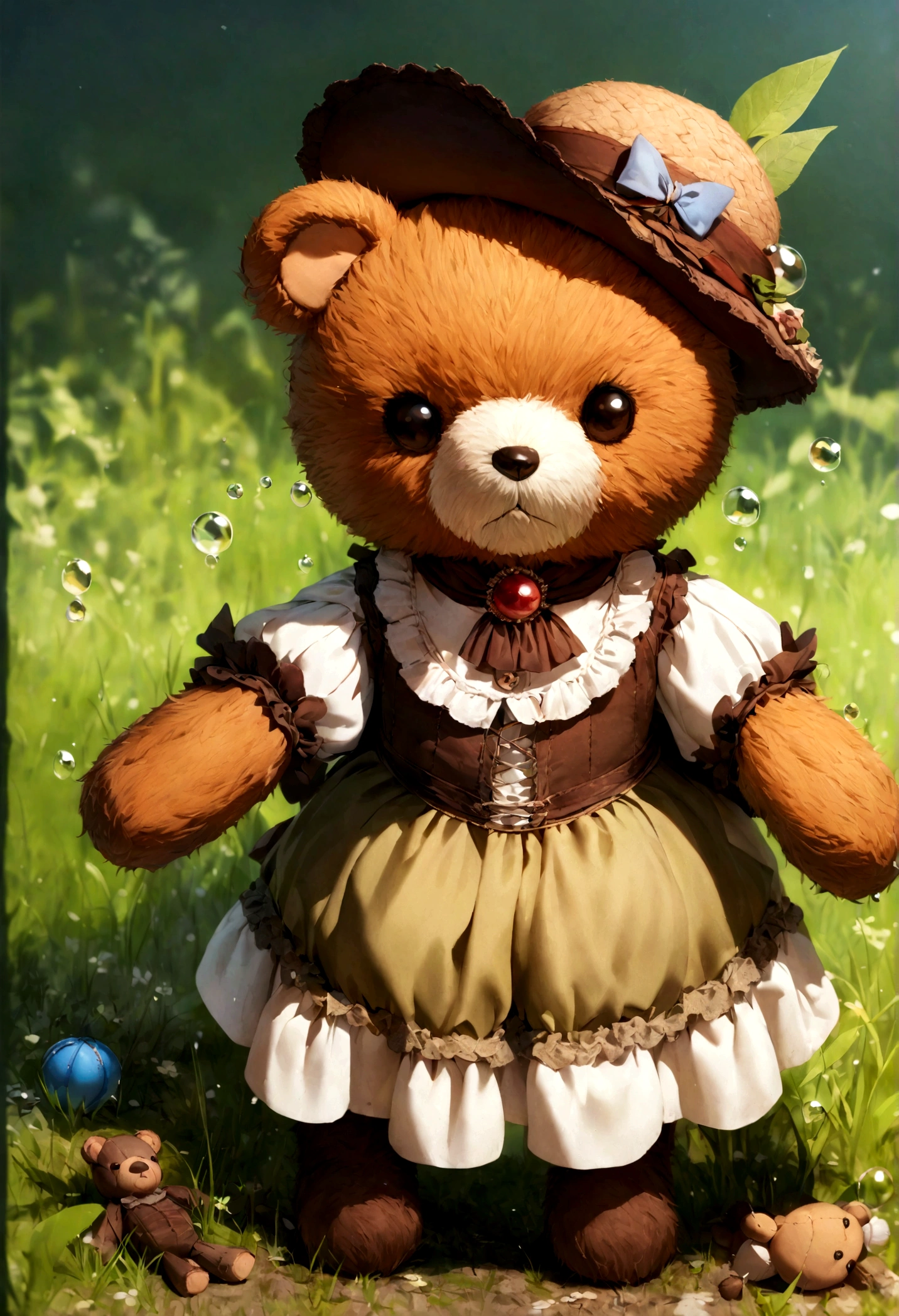 Knitted bear toy, small anthropomorphic animal, wearing a hat and period clothes from the 17th century, macro photography in thick grass, dew drops, reflective of the environment, super detailed toy, every fur on the toy is visible, You can see every little wrinkle on the clothes, I carry all my things on myself, Cute animal, Cute toy,