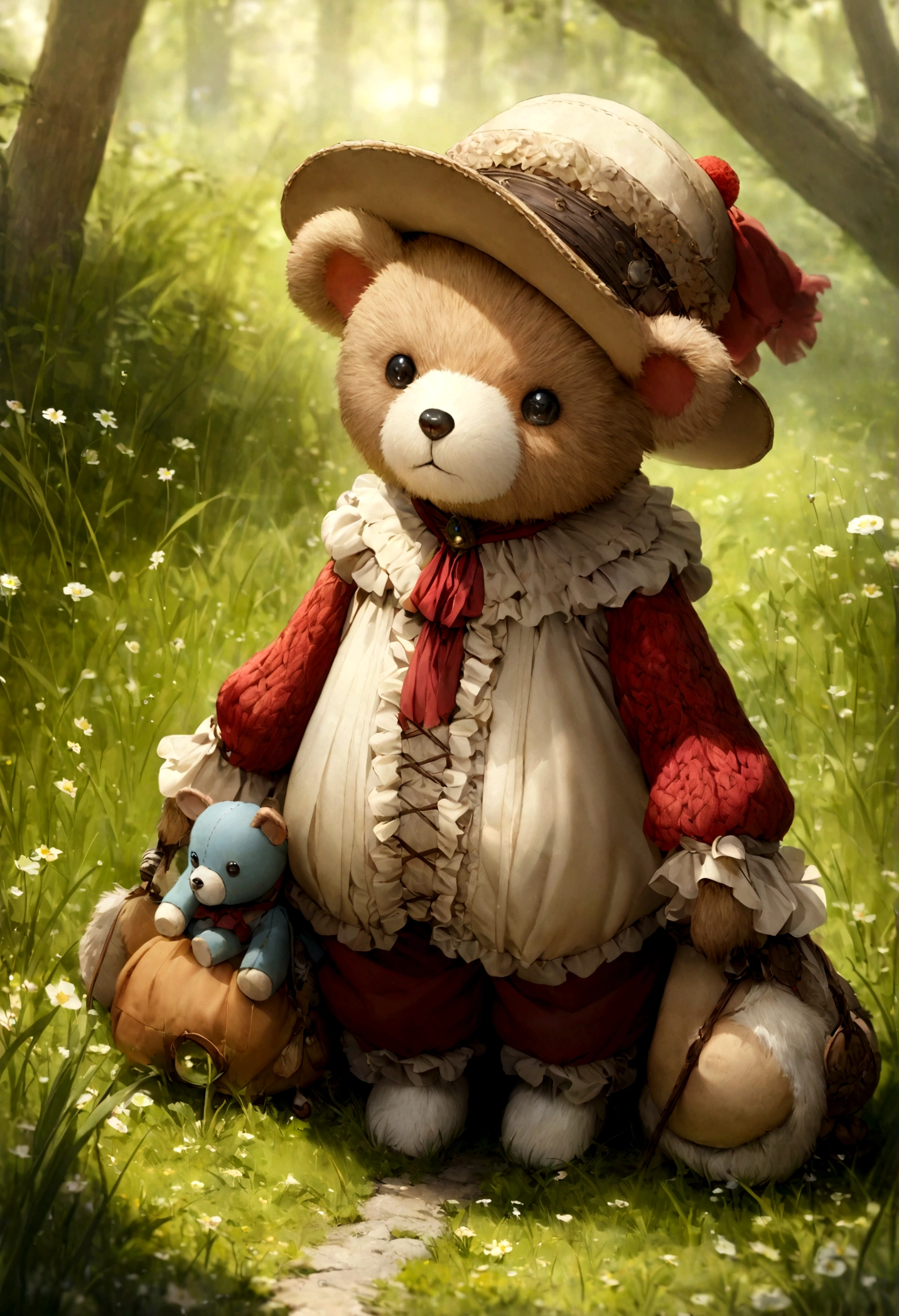 Knitted bear toy, small anthropomorphic animal, wearing a hat and period clothes from the 17th century, macro photography in thick grass, dew drops, reflective of the environment, super detailed toy, every fur on the toy is visible, You can see every little wrinkle on the clothes, I carry all my things on myself, Cute animal, Cute toy,