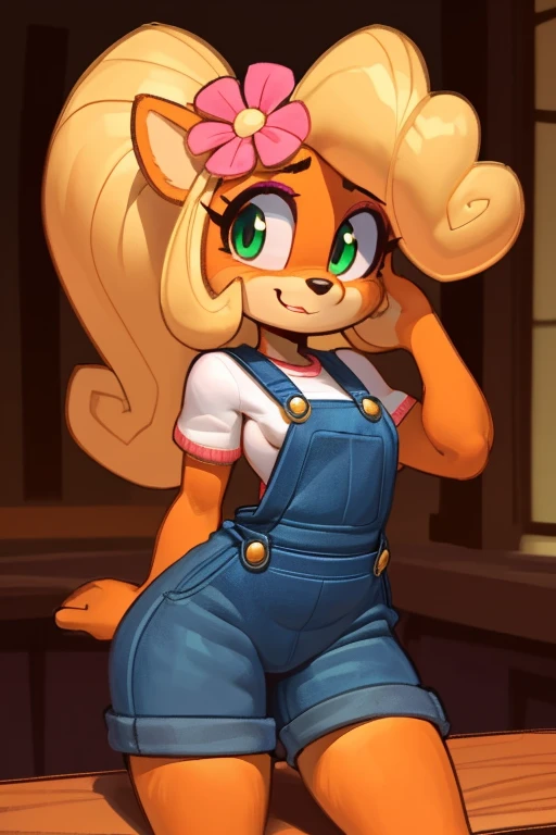 [Coco bandicoot], (wamudraws)], ((masterpiece)), ((HD)), solo, ((full body)), ((front view)), ((feet visible)), ((furry; anthro)), ((detailed fur)), ((detailed shading)), ((beautiful render art)), ((intricate details)), {anthro; orange fur, black nose, (cute green eyes), (short eyelashes), (pink eyeshadow), (long blonde curly hair), (curvy hips), (beautiful legs), (blushing), (surprised expression), (butt-crack), standing, leaning on table, looking back, looking at viwer, big ass,  orange skin, orange fur, small breasts, shy smile, 
Blue overalls, white shirt, flower accesory in hair, pink shoes, big ass