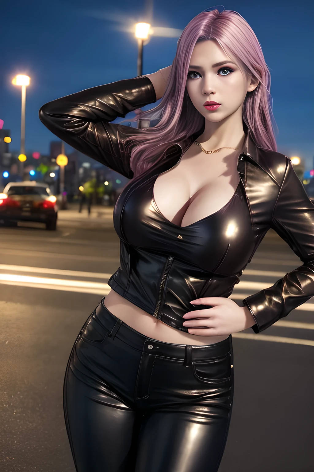 1girl, leather shirt, leather pants, cool attitude, standing pose, beautifully detailed eyes, beautifully detailed lips, extremely detailed eyes and face, long eyelashes, huge breasts, city background, city at night, (best quality, 4k, 8k, high resolution, masterpiece: 1.2), ultra details, (realistic, photo-realistic, photo-realistic: 1.37), bright colors, street lighting,  elise,