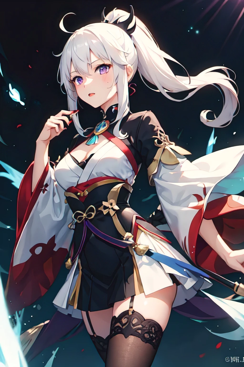 1girl, japanese clothes, ponytail ,white hair, purple eyes, magic circle, blue fire, blue flames, wallpaper, landscape, blood, blood splatter, depth of field, night, light particles, light rays, sidelighting, thighs, fate \(series\), genshin impact, open jacket, skirt, thighhighs, cloud