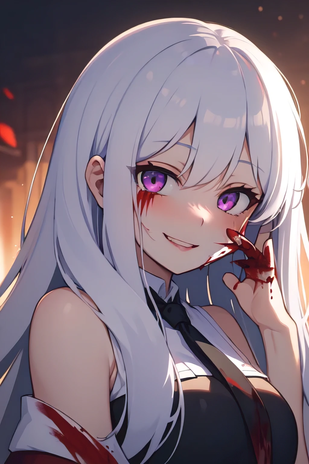 1girl, (yandere:1.4), (yandere trance:1.4), crazy, ((blood on face)), backlighting, looking at viewer, white hair, purple eyes, blush, smile, yandere simulator, glowing eyes, evil smile, (shaded face:1.2)