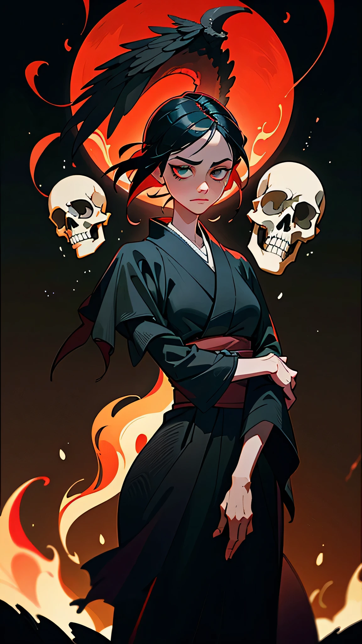 A hauntingly beautiful scene unfolds as a decaying skull, exuding a crimson liquid, emerges from the inferno, surrounded by flames that dance and flicker. A young girl with raven-black hair stands resolute beneath the torrent of fire, garbed in a tattered gray kimono. Her eyes glisten with an otherworldly allure as she stands stoic, the ash and embers swirling around her like a macabre halo.
The scene, grotesque yet striking, is rendered in stunning high resolution, with each detail meticulously captured. The intricate patterns of the kimono, the texture of the skull, and the shadows cast by the flames