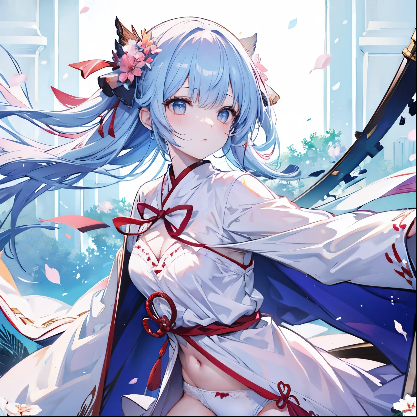 Many sword wounds、Heavy bleeding、Cute white underwear with ribbon、Cute white bra with ribbon、Japanese sword and longbow、Light blue cute robe