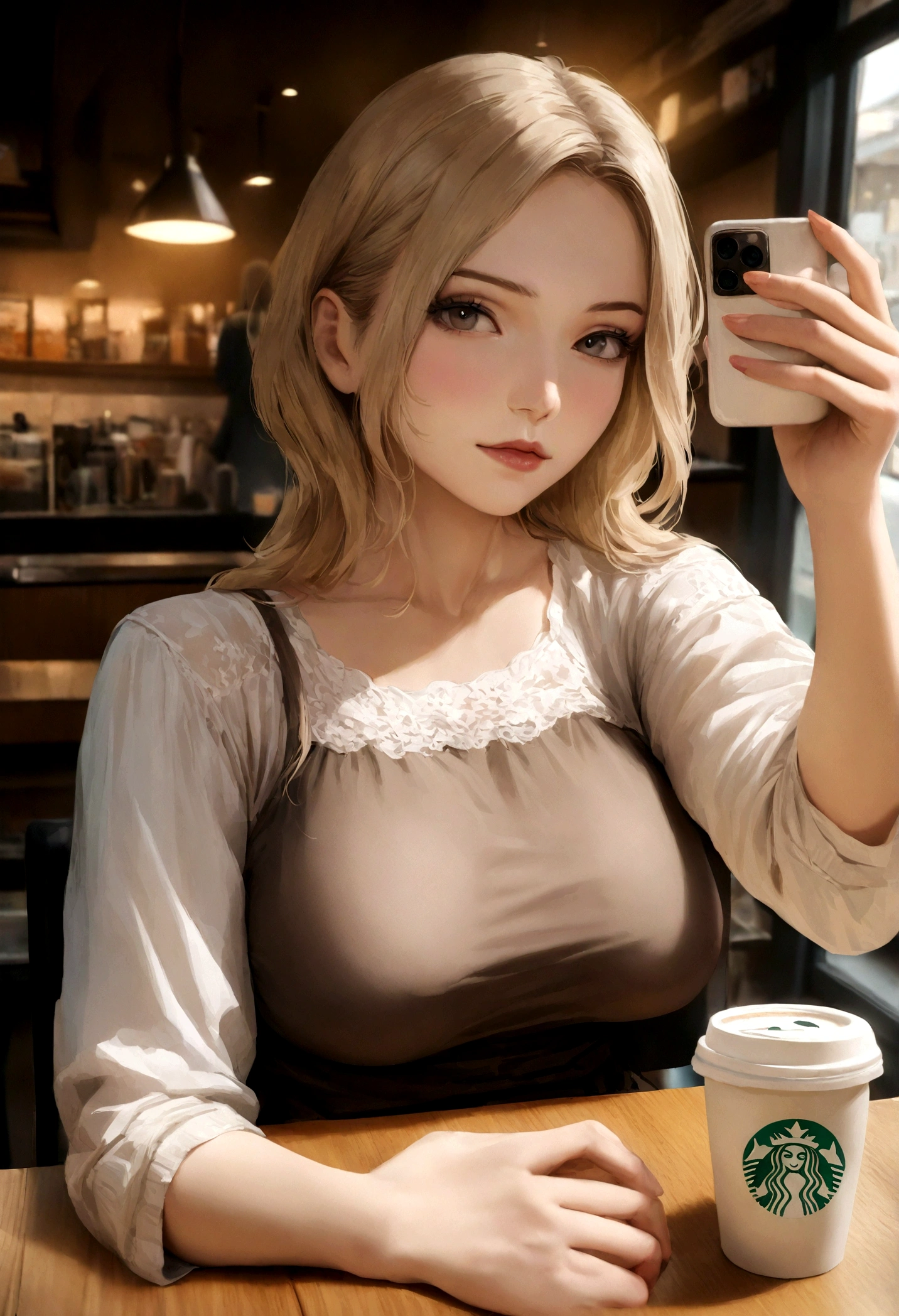 photoreallistic, Best quality, hyper detailed, belle femme aux cheveux blonds naturels, Photo selfie, Haut du corps, seulement, wearing casual clothing, dedans, (Matin), coffee shop, coffee cup, (relaxed), skin texture with 30G perky breasts visible under clothing, grain du film, Gros plan, ultra highres, Meilleure ombre, .RAW, instagram LUT salade de fruit repas