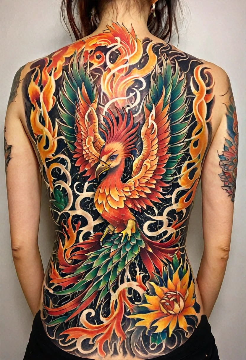 Back Tattoo, a highly detailed tattoo of a phoenix on a woman's back, intricate phoenix feathers, stunning details, realistic skin textures, dramatic lighting, cinematic composition, dramatic contrast, glowing eyes, powerful dynamic pose, moody dark colors, intricate ornate patterns, photorealistic, 8k, best quality, masterpiece