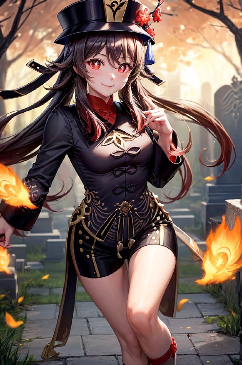((hutaodef)):1.5,((masterpiece,highest quality,Highly detailed images,Beautiful images、Realistic、Photorealistic、2.5D))((hutao images,A graveyard in a dark forest、Many gravestones、Fun pose、Bright natural light throughout、Backlight、A fantastic atmosphere、Dust flutters)),(Close-up image of hutao)、((small breasts))(smile)Deformed human soul

