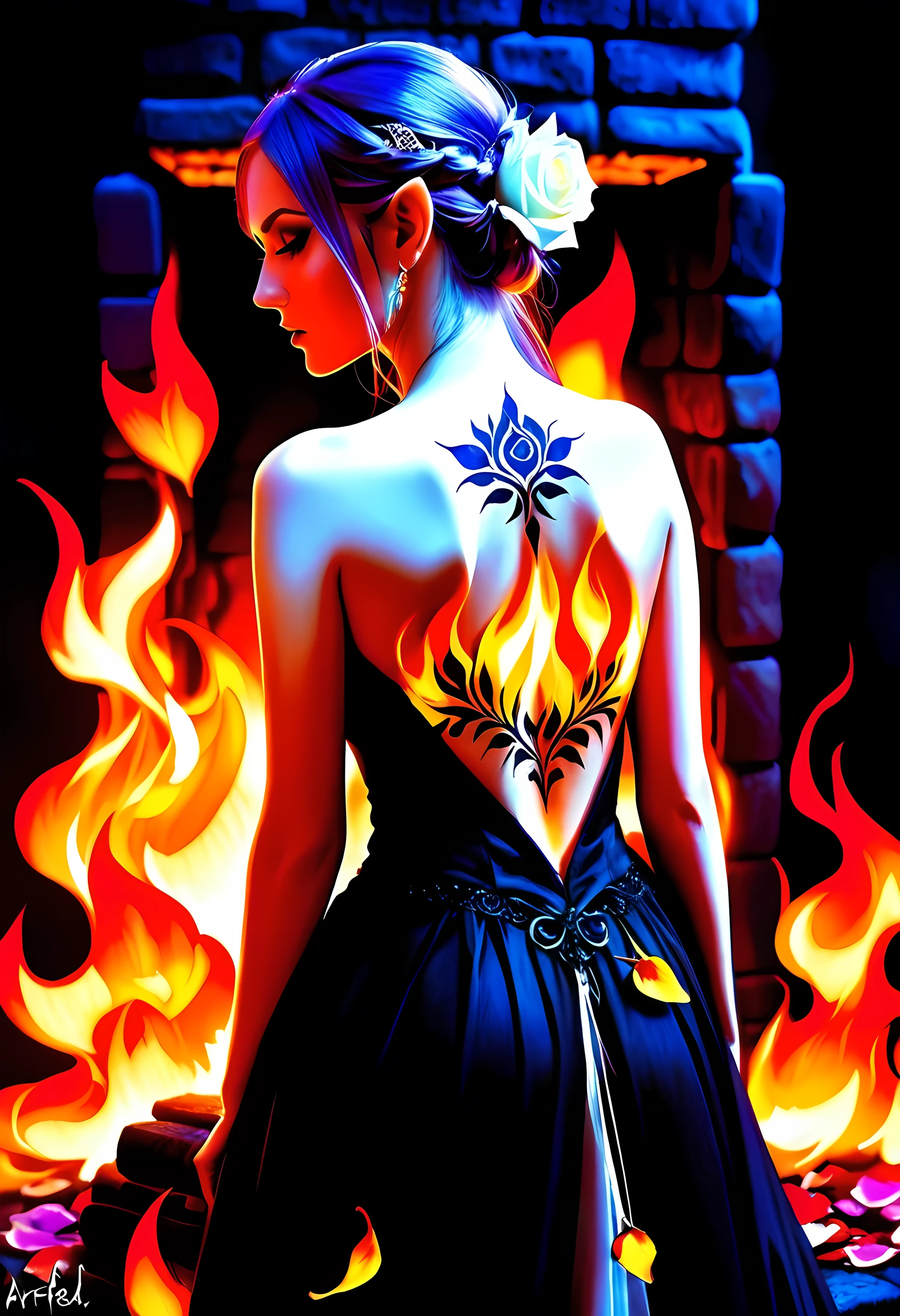 Arafed, Dark fantasy art, fantasy art, goth art, a picture of a tattoo on the back of a female elf, a glowing tattoo of a ((white rose: 1.3)) on the elf's back, the ((rose tattoo)) is vivid, intricate detailed coming to life from the ink to real life, GlowingRunesAI_purple, ((fire surrounds the rose petals: 1.5)), shot taken from the back, ((the back is visible: 1.3), she wears a transparent  black dress, bare back, the dress is elegant, flowing, elven style, that the (tattoos glow: 1.1), dynamic hair color, dynamic hair style, faize, trimmed dress, frills, velvet corset, strapless,