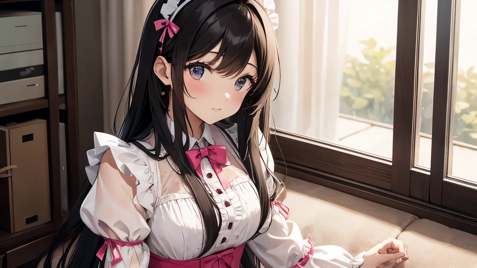 A beautiful girl wearing a pink maid outfit with lots of frills and lace　Long sleeve　Long straight black hair with hair ornament　Upper Body