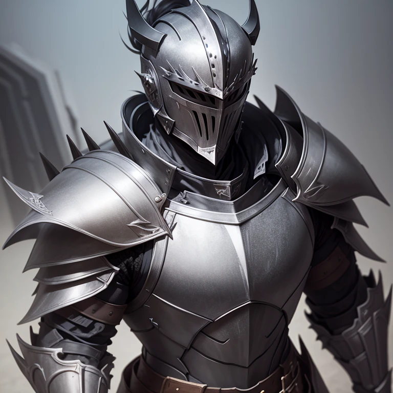 a male knight wearing a dark gray armor, helmet with spikes