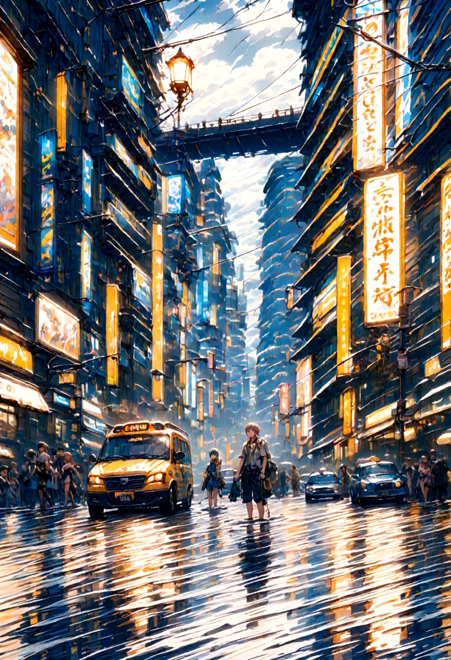 One boy,13-year-old boy、Wet body、Spiky Hairstyles、Cyberpunk Boy、The adventure begins、(Soaking wet:2)、(lightning:1.5)、Cloudy,濃いfog、fog,It was chaotic. city of the future、Movie dystopia、A group of very tall skyscrapers stands in the center、Highly complex cityscape,Crowded Chinese skyscrapers、road signs、Street lamp、taxi、bus、train、Blue lighting,Dark Road、There are lots of puddles、It was chaotic.、Beautiful and fantastic scenery、Cinematic landscape、high quality、Tabletop,In 8K、High resolution、
