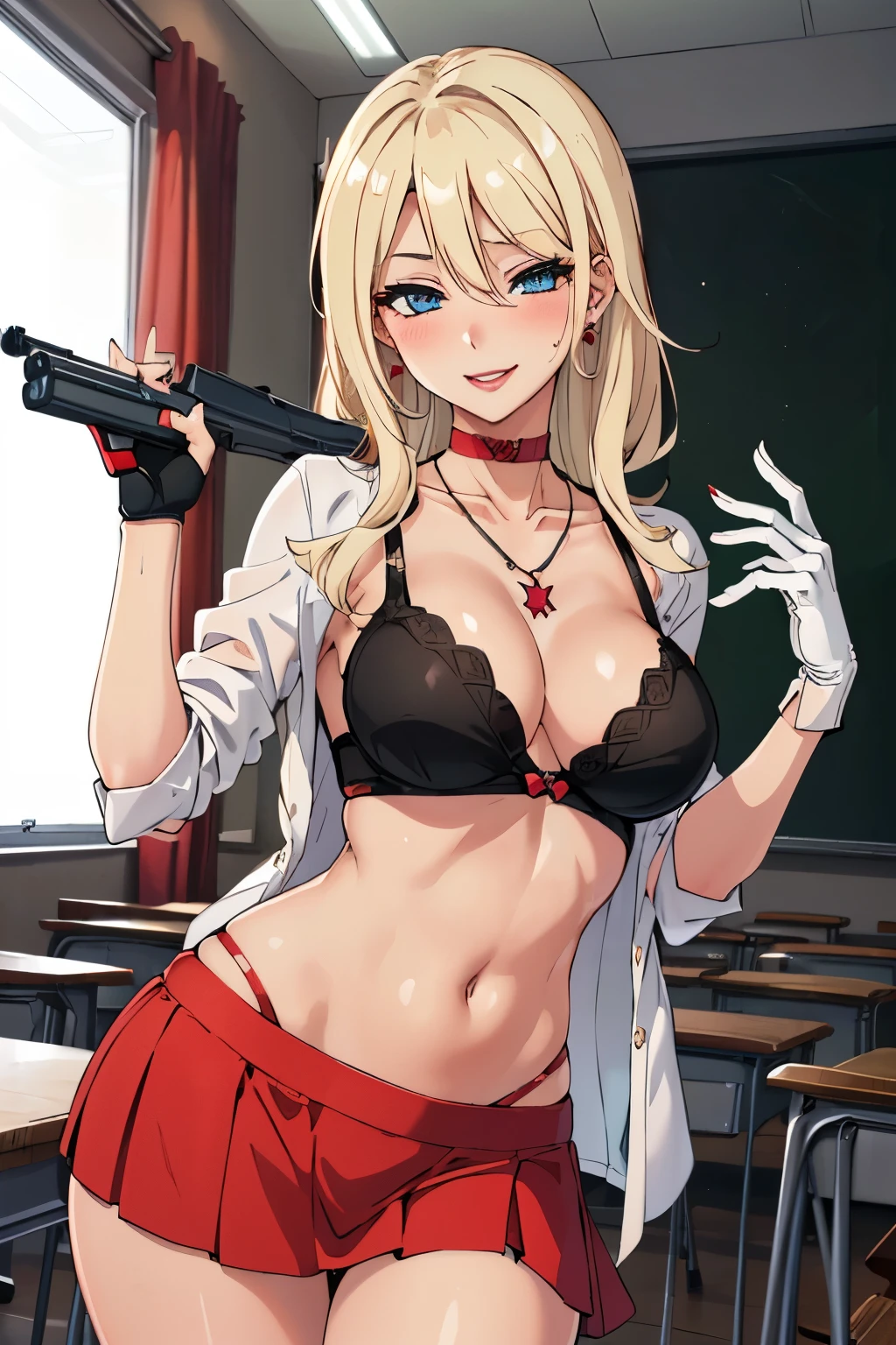1girl, (sexy, beautiful woman, perfect face, perfect eyes, perfect female body, medium breasts:1.5), (KurumiSSakazaki, long hair, blonde hair, gloves, red choker, hair over one eye, blush, lipstick, masterpiece, best quality, ((unbuttoned , cleavage, necklace, earrings, sexy body,
breasts)) , micro skirt, smiling, navel , exposed belly, exposed navel,school,knot,
classroom , holding a gun, hold a gun,