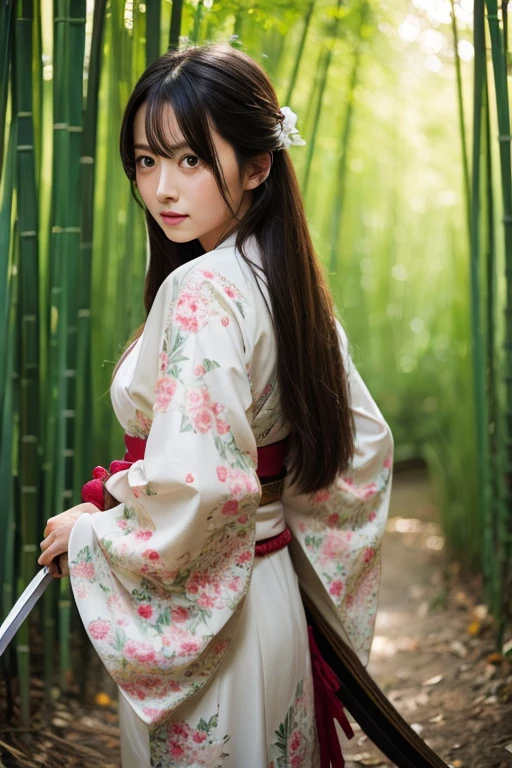 ((Holding a sword)))、(((Tears running down my cheeks)))、Beautiful Japanese Supermodel Women, Hair with subtle highlights,Long Hair、 iris, sexy，Bamboo forest background，Gorgeous kimono （Floral）, Backlit photography，perfect face lighting，Mixed Media,((Full Body Shot))