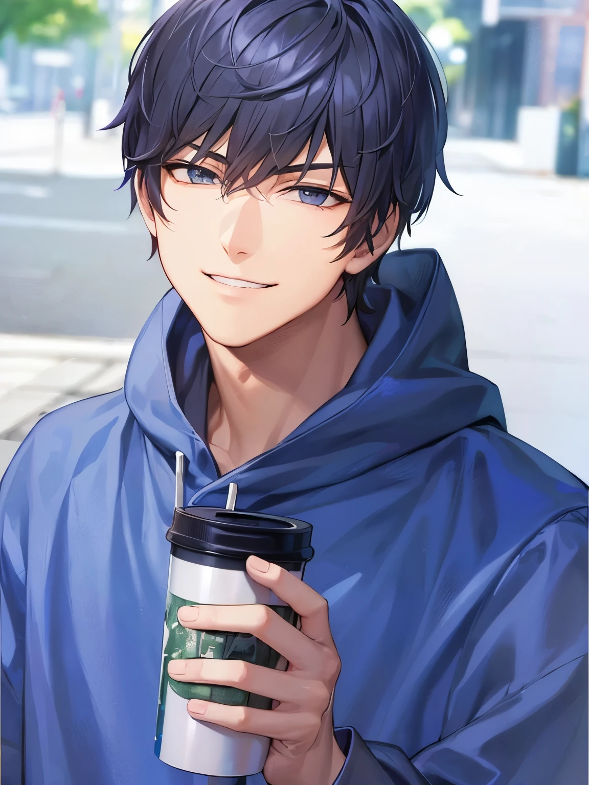 a handsome guy、Serious expression、Please keep your mouth shut、Cool and cool、I have a tumbler、manly、Highly detailed CG Unity 8k wallpaper, (super masterpiece, Beautiful person, A dirty smile on a well-drawn face, that&#39;Photorealistic, Ultra-realistic)Cool and cool face白いパーカー