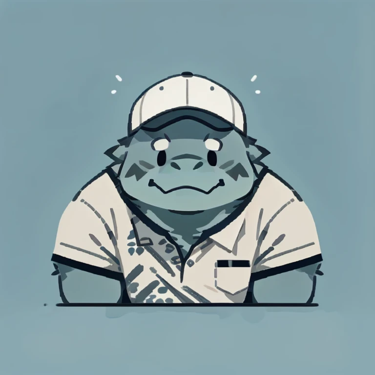 dagon face,Cute face,Humanity(dagon), (White short sleeve:1.3), (with cap), (janitor), (round face), Chubby,(white eyebrows:1.1),（Upper body naked:1.2）,(perfect black eyes),Simple background, Blue Background,print style。（Artist:Takemoto Arashi