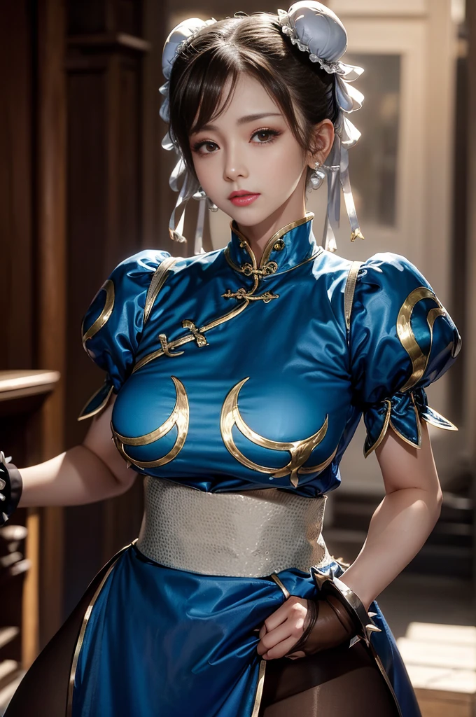 Chun-Li from Street Fight II,The perfect Chun-Li costume,Blue Chinese dress with gold lines,Bun Head,Good cover,Fighting Pose,masterpiece、1 beautiful girl、Fine Eyes、Puffy eyes、highest quality, 超High resolution, (reality: 1.4), Cinema Lighting、Japanese、Asian Beauty、Korean、so beautiful、Beautiful Skin、Body facing forward、Face close-up、(超reality的な)、(High resolution)、(8k)、(Very detailed)、(美しくFine Eyes)、(Very detailed)、 (wall-)、Detailed face、Bright lighting、Professional Lighting、Looking at the audience、Look straight ahead、Diagonal bangs、Nogizaka Idol、Korean Idol、masterpiece, highest quality, masterpiece, highest quality, Perfect Face, Perfect brown eyes with white sclera, Bad move -5, alone, 1 girl, Upper Body, Brown Hair, From SF2, Chinese Language Services, smile, Muscular woman, Blue clothes, pantyhose, Pelvic Curtain, Puff short sleeves, Good cover, sash, evaluation:safety