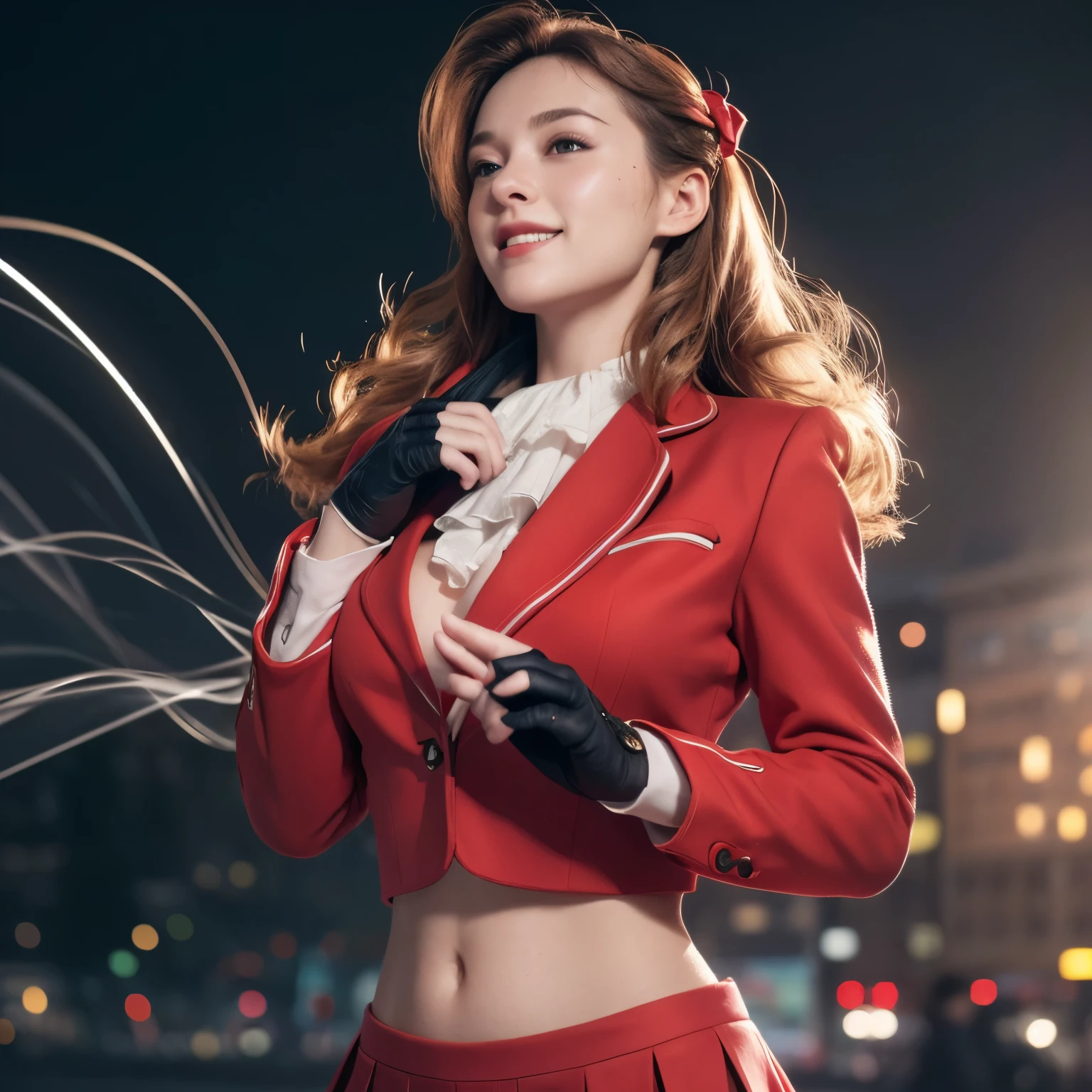 (masterpiece, best quality, highres:1.2), (photorealistic:1.2), (intricate and beautiful:1.2), (detailed light:1.2), (soft lighting, side lighting, reflected light), (colorful, dynamic angle), sfkarin, hair bow, ascot, red jacket, long sleeves, frilled skirt, fingerless gloves, smug, smile, furrowed brow, standing, upper body, fighting stance, portrait, street, city street, night, street lampin dynamic pose, bokeh, glowing web, light passing through hair, (abstract background:1.3), (official art), (realistic skin texture:1.2), (sharp) , medium breast, show nipples, show vagina, spread legs.