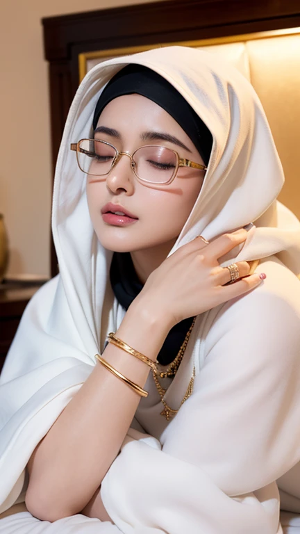 Beautiful square glasses sexy hijabi  in tight white cloak, wearing golden indian bangle and bracelet, wearing golden necklace, wearing swiss polo golden watch, lying to bed, kissing a man, closed eyes, detailed horny face