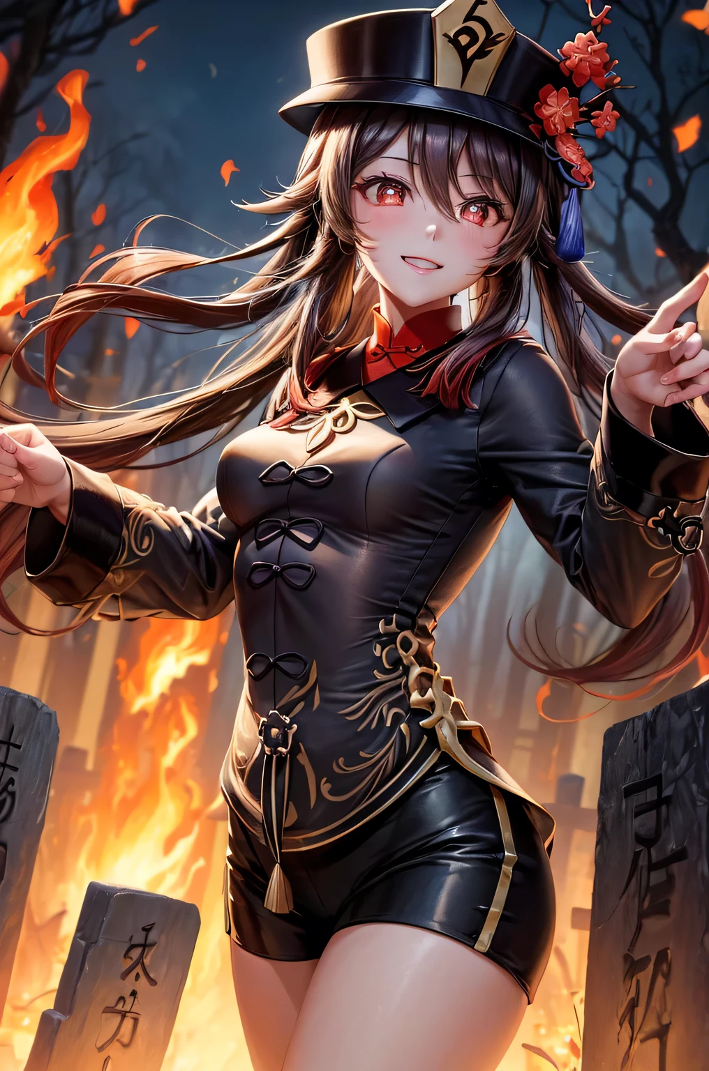 ((hutaodef)):1.5,((masterpiece,highest quality,Highly detailed images,Beautiful images、Realistic、Photorealistic、2.5D))((hutao images,A graveyard in a dark forest、Many gravestones、Fun pose、Bright natural light throughout、Backlight、A fantastic atmosphere、Dust flutters)),(Close-up image of hutao)、((small breasts))(smile)(Separate the top and bottom of your clothes、Exposing your belly、underboob、hot pants)Fireballs floating in the air


