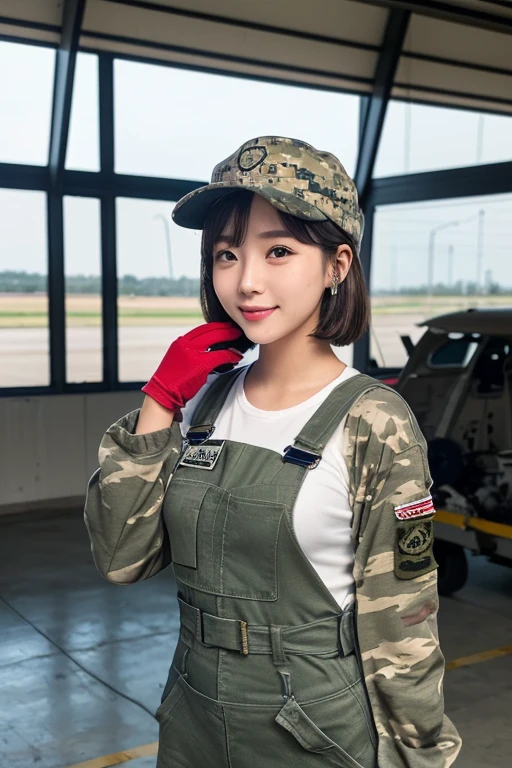 highest quality, ((Professional photos, RAW Photos)), Insanely Real, Very delicate and beautiful, Ultra-high resolution, Realistic lighting and shading, (A realistic image of a very cute female aircraft mechanic, alone), wide々Inside the aircraft hangar, A World War II-era monoplane fighter can be seen in the background...., Aircraft parts scattered on the floor, Maintenance Tools, She is in charge of aircraft maintenance...., (Wearing a long-sleeved mechanic coverall with a military camouflage pattern, Fit the body:1.2), (Wear heavy duty mechanic gloves), (Wear a headset), Her hair will be tied up later, Very professional mechanics, Mysterious Smile, ((Very beautiful eyes and face)), (Amazingly beautiful, Natural skin texture), Accurate Eyes, Accurate needle, Overall well-balanced body, ((22-year-old girl, Very short hair:1.3, Cute type, slim, The body is slim:1.3, Baseball cap))