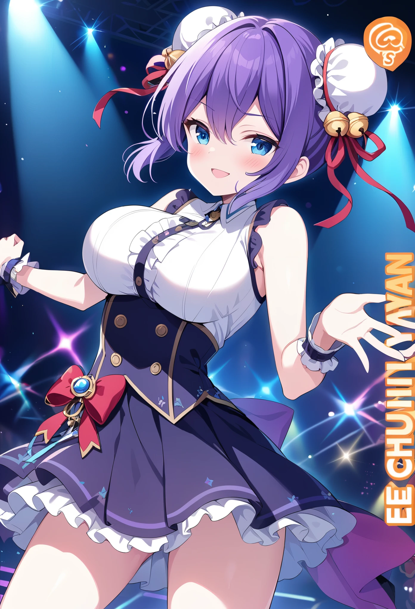 CHUNYANLEE, PURPLE HAIR, BUN COVER, DOUBLE BUN, HAIR BELL, JINGLE BELL, RED RIBBON, HAIR RIBBON, HAIR BETWEEN EYES, SHORT HAIR, BLUE EYES,, large breasts,, Live Stage, solo,