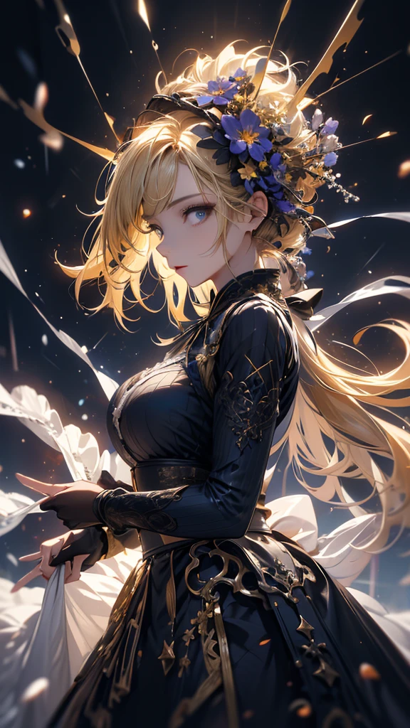 masterpiece, high quality, 4K, Beautiful design, silhouette,blonde, 非常に詳細な夜のStarry Sky,Flower Field, wonderful, Finer details, Very knowledgeable woman, Highly detailed solo, 1 female,Big Breasts,Gothic ta Fashion,Night view,Starry Sky,full moon,