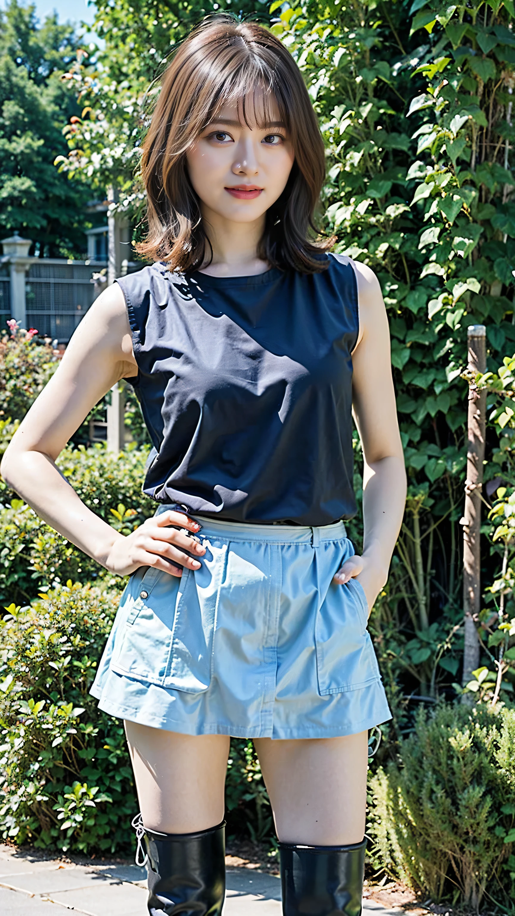 (8k、RAW Photos、Highest quality、masterpiece:1.2)、(Realistic、Realistic)、1 girl、((In town、smile、Big Breasts、tights、Sleeveless、Shorts、boots、Look forward、Stand with hands on hips))、