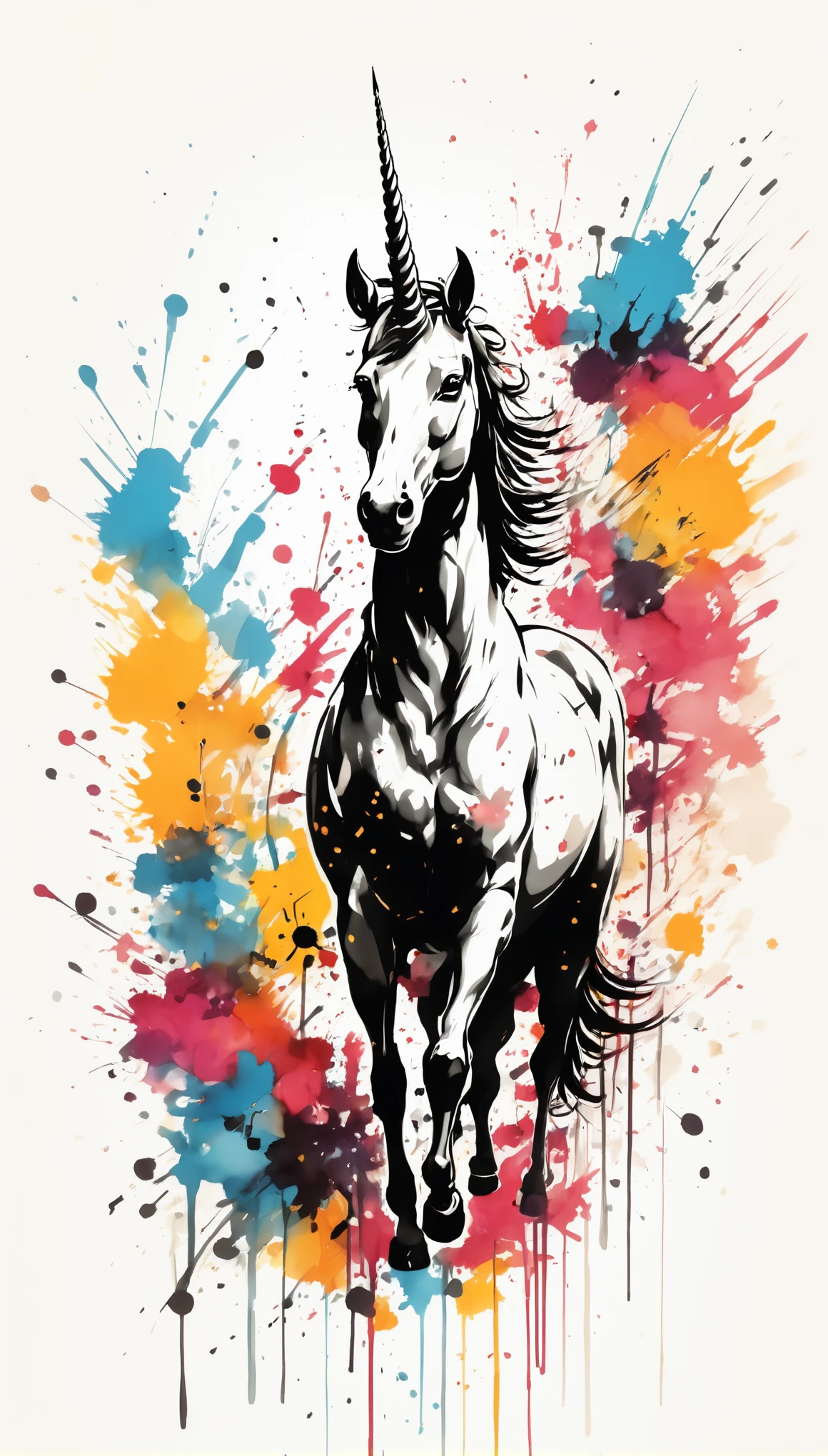 Vector Art, Colorful illustration with unicorn, In the center, Vibrant colors，Graffiti Art，ink splatter，Wild and unrestrained，rich and colorful，visual impact,Modern aesthetic super detailed,
