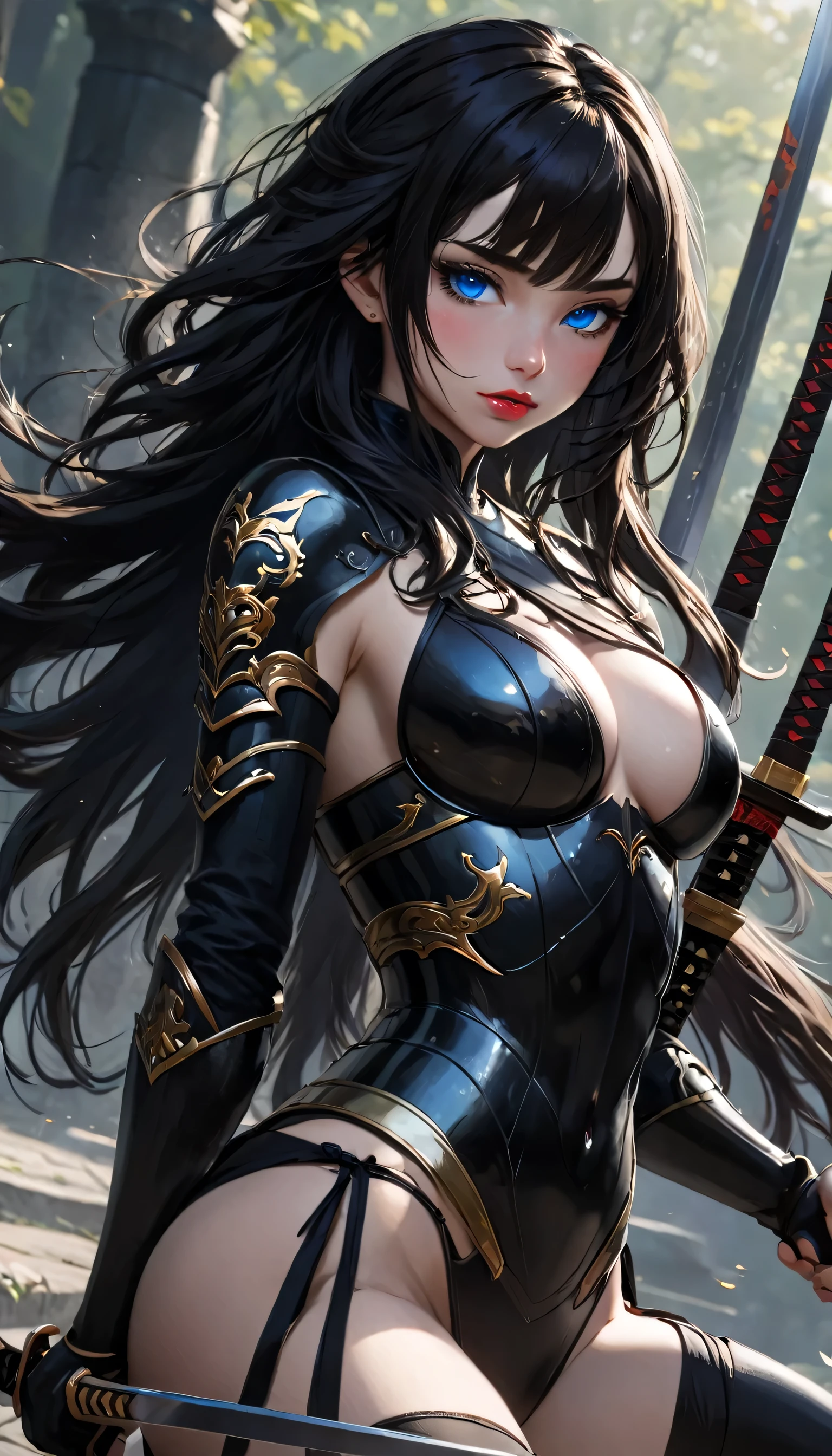 Woman, 1girl,warrior,  holding a katana, Blue eyes, red lips, Black armor with Golden details, full body, very aesthetic, natural light, intricate, masterpiece, absurdres, best quality, extremaly detailed eyes, gothic, ((long hair)), ((black hair)), ((underboobs)),