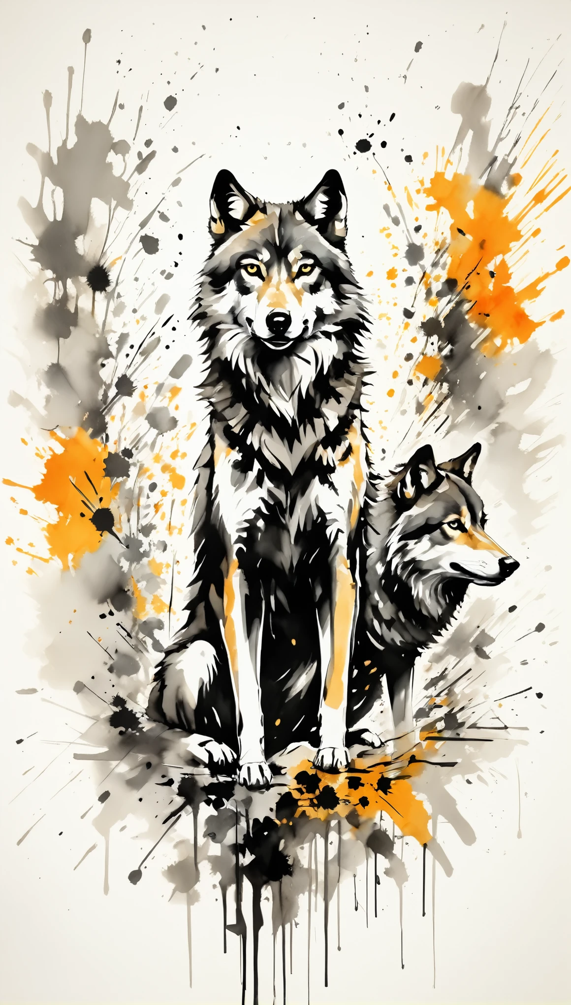 Vector Art, Colorful illustration with many North American gray wolves, In the center, Vibrant colors,Graffiti Art,ink splatter,Wild and unrestrained,rich and colorful,visual impact,Modern aesthetic super detailed,