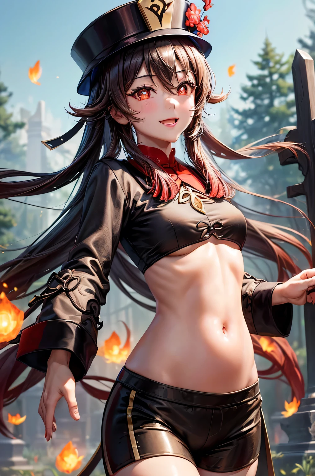 ((hutaodef)):1.5,((masterpiece,highest quality,Highly detailed images,Beautiful images、Realistic、Photorealistic、2.5D))((hutao images,A graveyard in a dark forest、Many gravestones、Fun pose、Bright natural light throughout、Backlight、A fantastic atmosphere、Dust flutters)),(Close-up image of hutao)、((small breasts))(smile)(Separate the top and bottom of your clothes、Exposing your belly、underboob、hot pants)Fireballs floating in the air