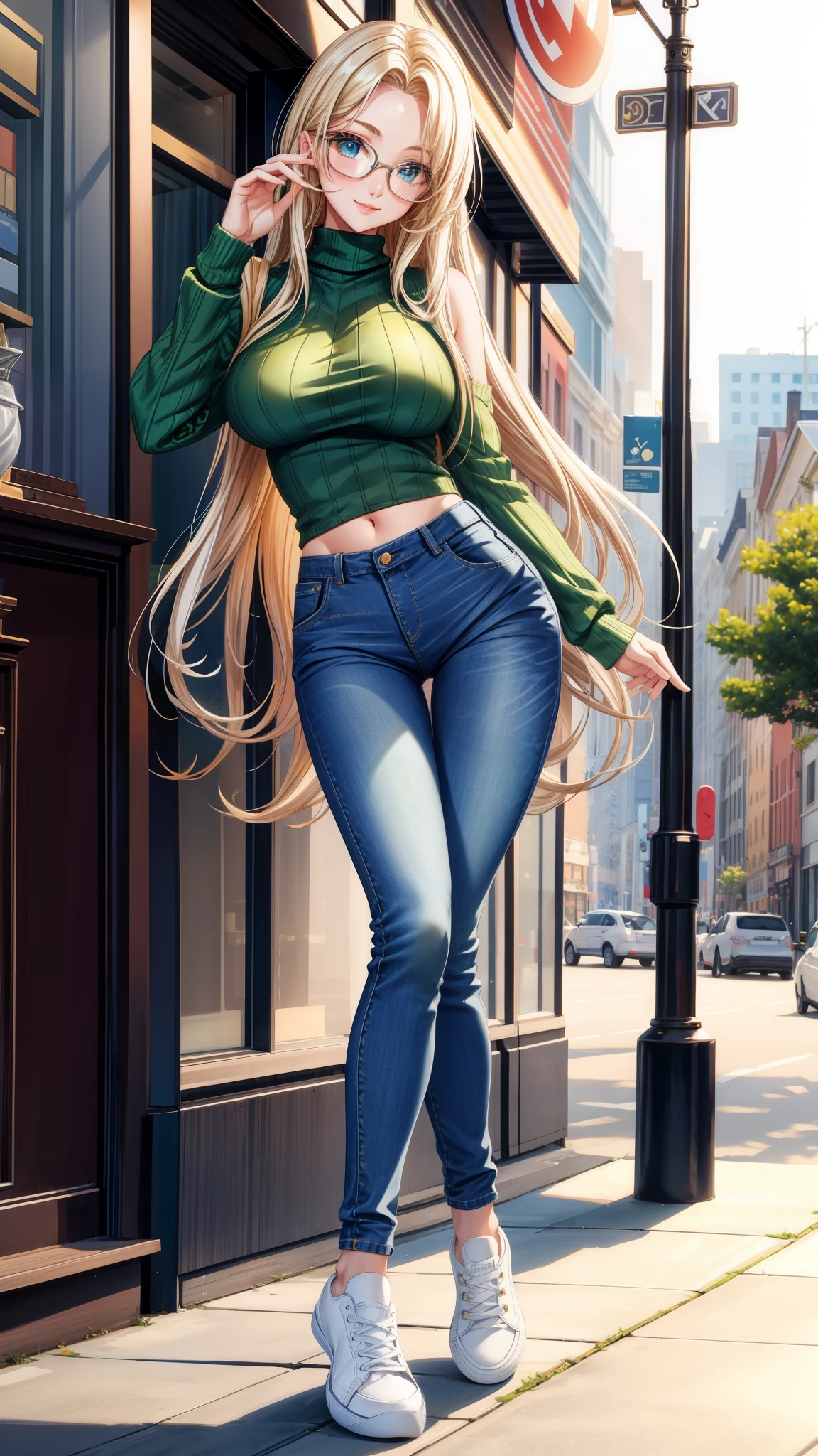 best quality, highres, 8k, masterpiece, immersive atmosphere, chiaroscuro:(1.5, bright light:1.2, luminous lighting), blurring, (background blur:1.5),
(dynamic angle, seductive pose:1.2), outdoors, downtown, (legs focus, full body:1.5), delicate features, (beautiful face, beautiful eyes, beautiful legs), not safe for work, (opaque:1.5), high contrast,
1girl, (solo), 20 years old, european, white skin, blonde hair, straight hair, long hair, forehead, blue eyes, reading glasses, bright lips, seductive smile, (slender figure:1.1), large breast, (green sweater:1.4), cropped wide sleeve, hard nipples, (jeans pants:1.2, skinny jeans:1.2, blue jeans:1.2), (white sneakers:1.2)