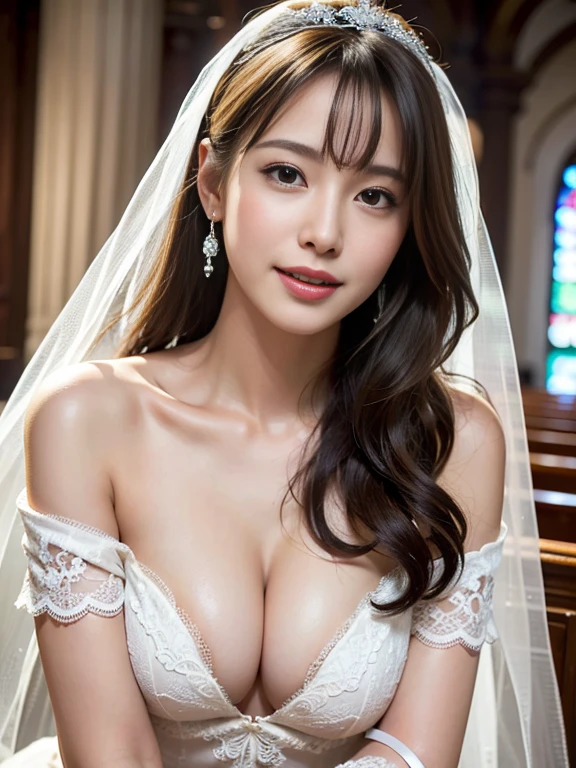 (off-shoulder white wedding dress, wedding veil:1.3), (in the church), (boob:1.3), (smiling), (upper body:1.3), straight long hair, blunt bangs, beautiful hair, wide shot, BREAK, (small mouth), small head, large breasts, curvy, natural makeup, pretty&cute idol, kawaii idol, beautiful actress, BREAK natural lighting, Professional lighting, (masterpiece:1.3), (best quality:1.2),(ultra highres:1.0), (photorealistic:1.4), extremely perfect anatomy body parts, perfect hands, realistic face, (absurdly cute), highly detailed, detailed face, perfect face, beautiful face, perfect eyes, ultra-detailed, 8K wallpaper, extremely awesome detailed, dynamic lighting, clear face, smoth skin, extremely perfect anatomy body parts, perfect hands, hi-res, perfect anatomy, physically-based rendering, photorealistic, symmetric clear eyes, well-groomed face, Detailed Background, perfect composition