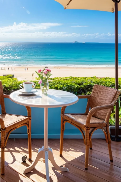 Cafe with ocean view　Coffee cup　Beach parasol