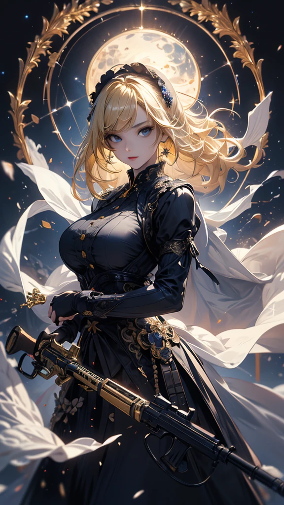 masterpiece, high quality, 4K, Beautiful design, silhouette,blonde, 非常に詳細な夜のStarry Sky,Flower Field, wonderful, Finer details, Very knowledgeable woman, Highly detailed solo, 1 female,Big Breasts,Gothic Lolita Fashion,Rifle gun equipment,Night view,Starry Sky,full moon,