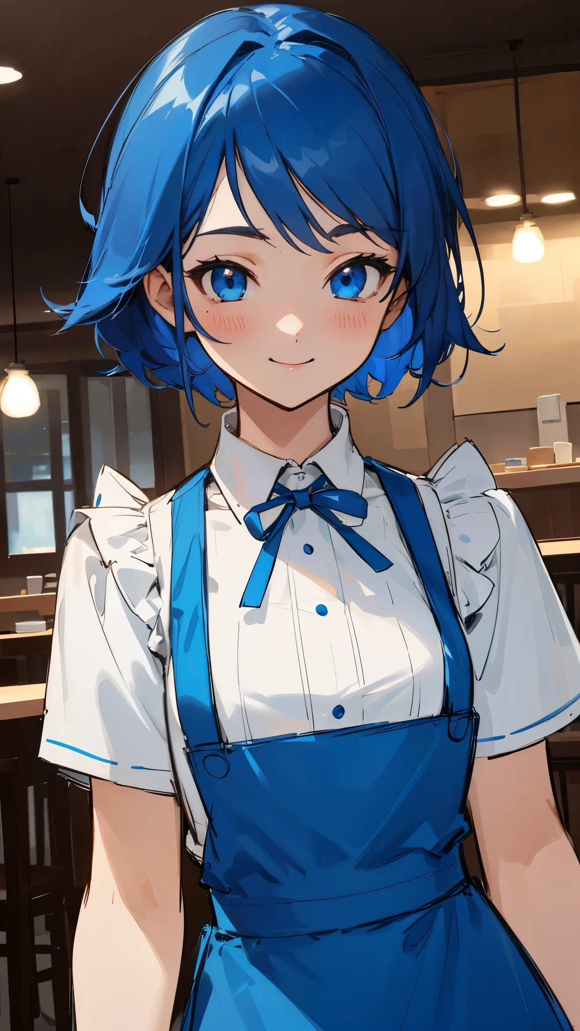 1 girl、8k、Sharp focus、(Bokeh) (highest quality) (Detailed skin:1.3) (Intricate details) (anime)、White blouse、Blue Skirt、Slender body、Upper body close-up、Dark blue hair、blue eyes、smile、Apron appearance、((indoor、morning、Cafe))