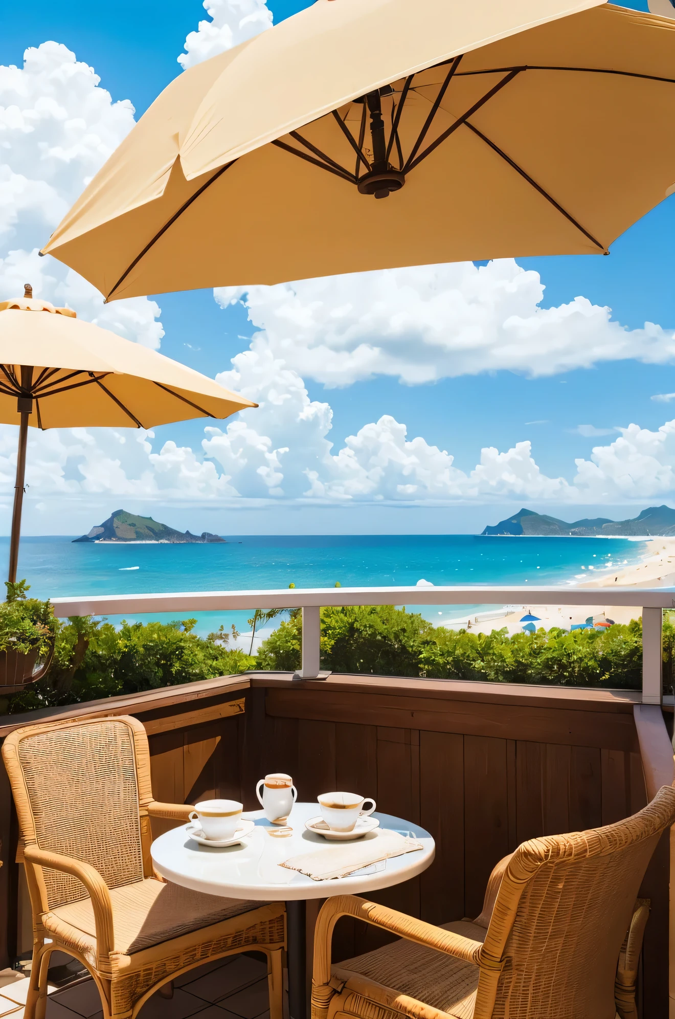 Cafe with ocean view　Beach parasol　Tea cup