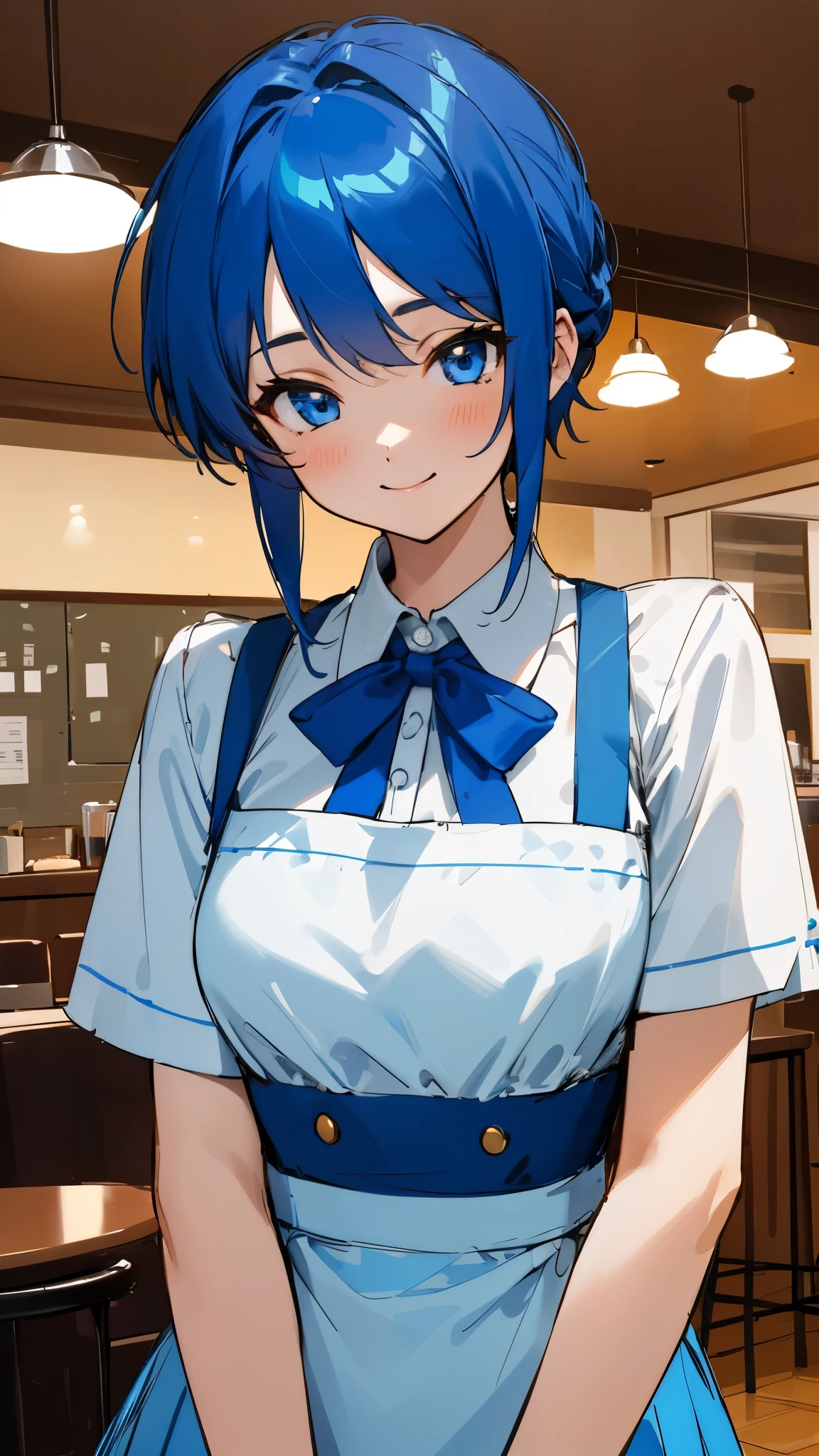 1 girl、8k、Sharp focus、(Bokeh) (highest quality) (Detailed skin:1.3) (Intricate details) (anime)、White blouse、Blue Skirt、Slender body、Upper body close-up、Dark blue hair、blue eyes、smile、Apron appearance、((indoor、morning、Cafe))
