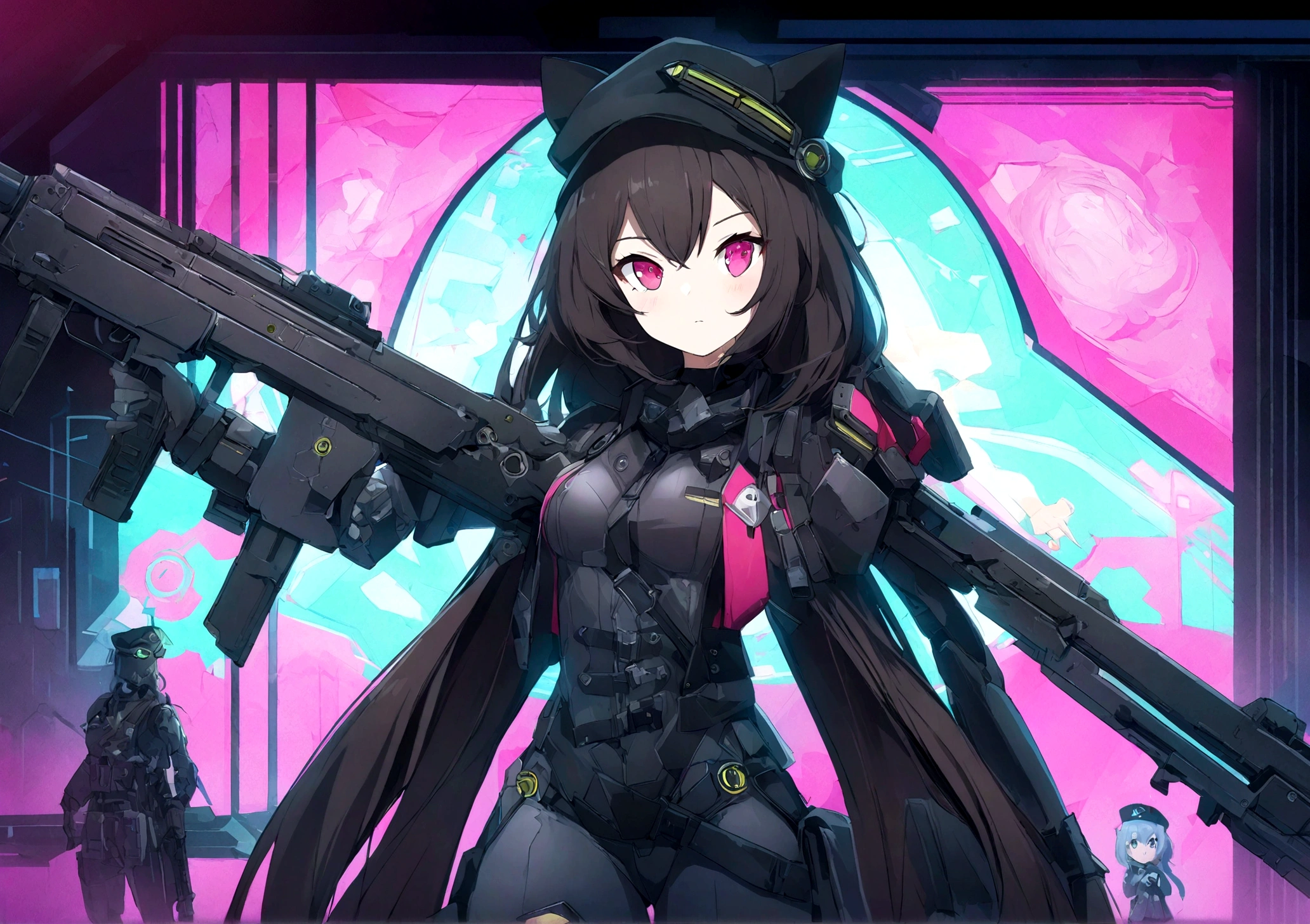 Anime girl with black hair and cat hat, Anime-style illustrations, Moe art style, Wallpaper 8K, Digital Illustration, Beautiful cat girl, futuristic fashion in black and Holographic colors, There are lots of details and buttons, Cable coming out of sleeve, 背景にはweaponsのモチーフが描かれたシンプルな模様が描かれている, Purple and Black, arms,weapons, Holographic, Holo Details,Anime girl with gun and futuristic outfit, M4 Sopmod II Girls Frontline, Anime Machine Gun Shooting, Mechanized Soldier Girl, Railgun, Best Anime 4K Konachan Wallpaper, Fine details. Girls' Frontline, Digital Cyberpunk - Anime Art, Girls Frontline Style, From Girls Frontline, Cyberpunk Anime Girl, Cyberpunk anime art, Nightcore, anime cyberpunk art